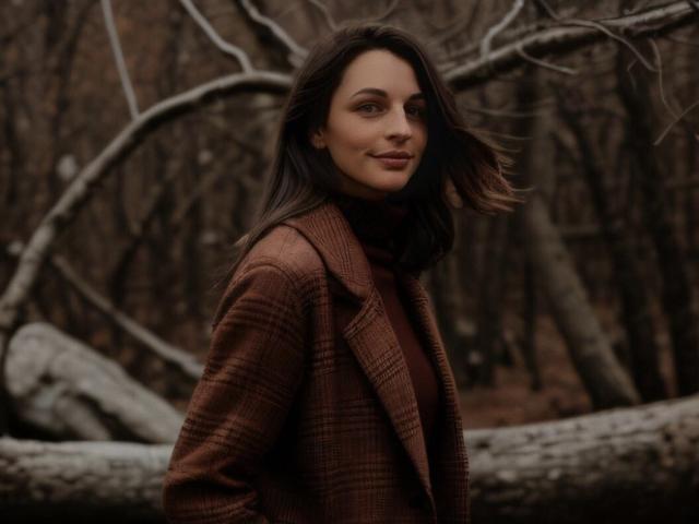 VickiGina with brown plaid coat, dark brown hair, and subtle smile, standing in forest, holding tree branch, looking confident, tits not visible, ass not visible, natural light.