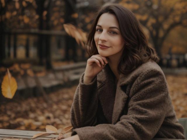 VickiGina with brown wavy hair, smiling, in a fuzzy brown coat, resting her chin on her hand, autumn leaves floating around, soft warm light, gentle expression, cute.