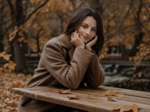 VickiGina with brown hair, hands on cheeks, smiling, wearing a brown coat, leaning on a wooden bench with autumn leaves. Soft, sexy, cute, fall vibe.