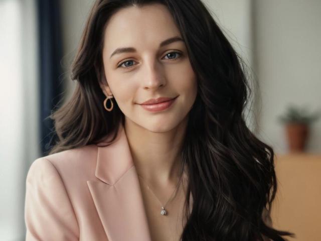 VickiGina with long, wavy dark brown hair, light pink blazer, small hoop earrings, and a delicate necklace, smiling softly. She's got pretty blue eyes and a cute face.