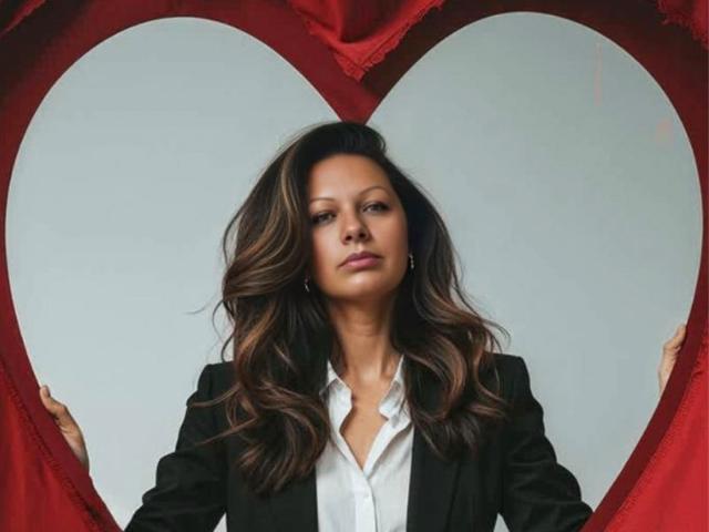 AngellaFly with wavy brown hair, wearing a black blazer over a white shirt, holding red heart frame, serious expression, hands on frame edges, gray background.