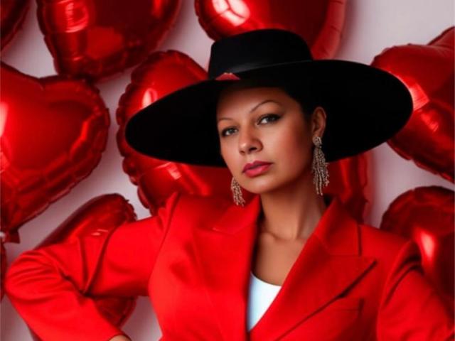 AngellaFly with dark skin, wearing a black hat, red blazer, and dangling earrings, standing in front of shiny red heart balloons, looking confident with hands on hips.