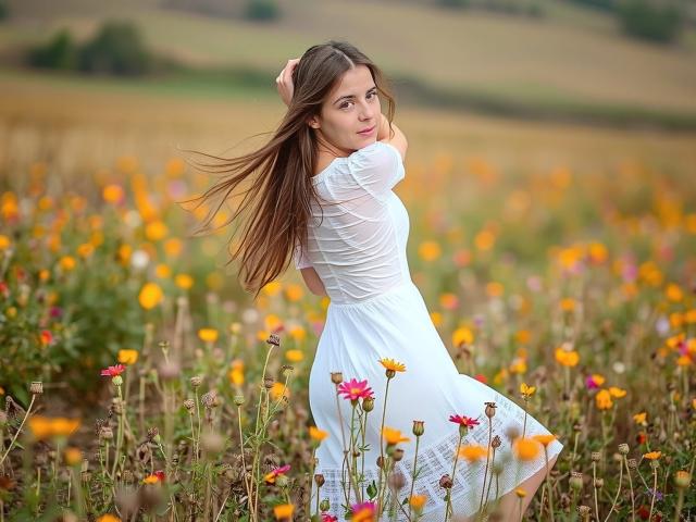 GlamMegi, avec ses longs cheveux bruns, sa robe blanche et ses petites fesses, se tient dans un champ de fleurs colorées, regardant par-dessus son épaule, les mains dans les cheveux, et souriant doucement..