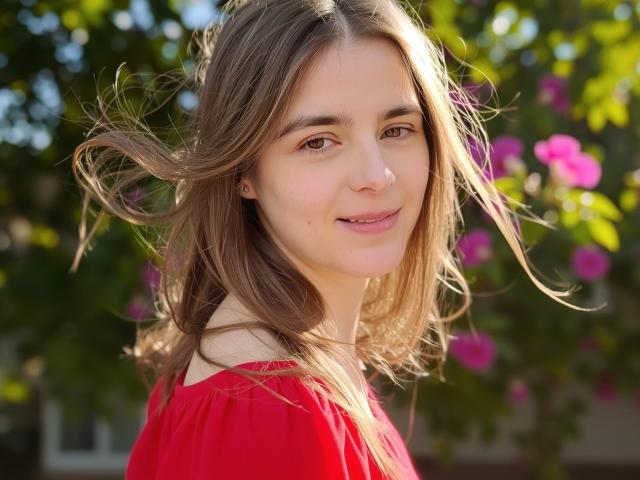 GlamMegi with light brown hair, red shirt, and subtle smile, wind blowing through her hair, pink flowers in the background, soft sunlight on her face, gentle expression.
