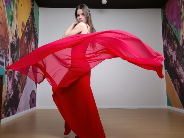 GlamMegi, con lunghi capelli castani, spalle scoperte e un abito rosso trasparente che le scende fluente, tiene il tessuto all'altezza del corpo, mostrando il suo sedere scoperto, in una stanza con pavimento di legno..