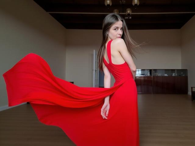 GlamMegi in un abito rosso, che agita la gonna con la mano destra, mostrando il sedere, si guarda indietro con un leggero sorriso, in una stanza con pavimento di legno..