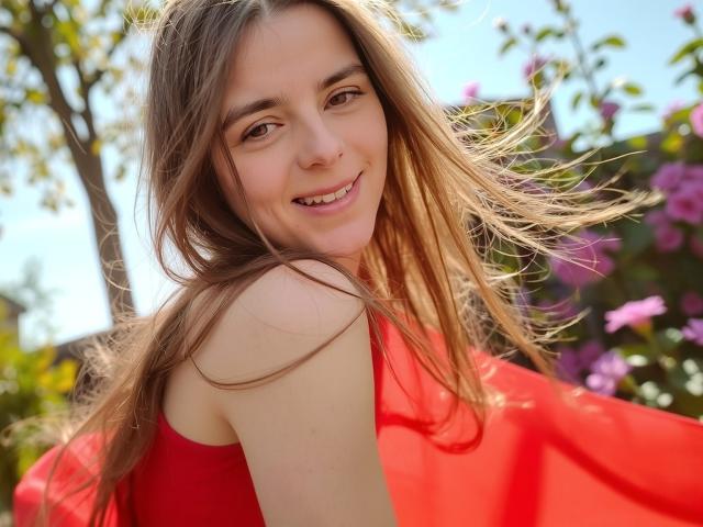 GlamMegi, com cabelos castanhos longos, sorrindo, vestindo um vestido vermelho, com luz do sol em seus cabelos, flores rosa ao fundo, ligeiramente virando a cabeça, mostrando seu ombro nu..