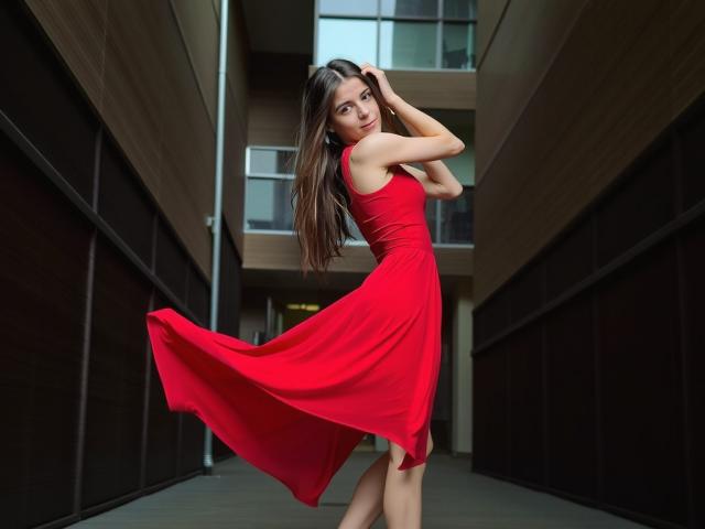 GlamMegi, vêtue d'une longue robe rouge, son fessier légèrement visible, se tient dans un couloir, ses longs cheveux bruns, une main dans ses cheveux, et regarde par-dessus son épaule..