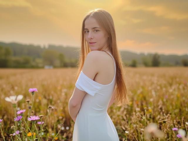 GlamMegi with long, straight brown hair, wearing a white off-shoulder dress, standing in a field of pink flowers, looking over her shoulder, smiling softly, with a sunlit sky.