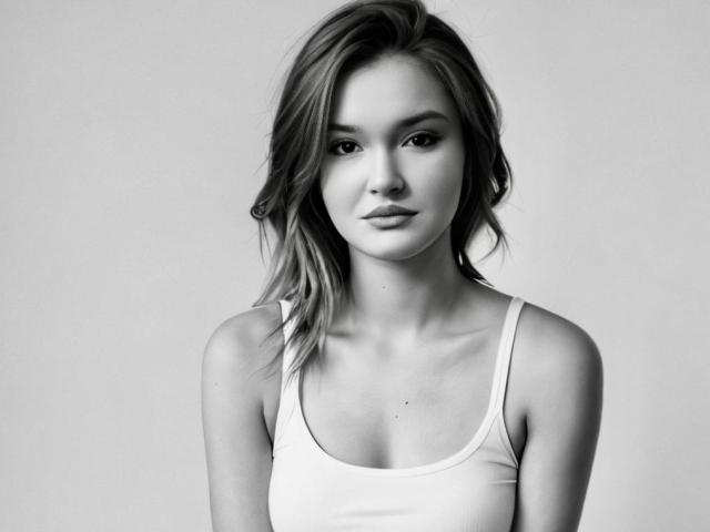 EvaLacroix with medium tits, wearing a white tank top, has wavy shoulder-length hair, and a neutral expression in a black-and-white photo.