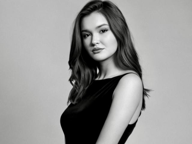 EvaLacroix with wavy, medium-length brown hair, wearing a sleeveless black top, showing her tits in a black-and-white portrait. She has a confident, slightly sexy expression.