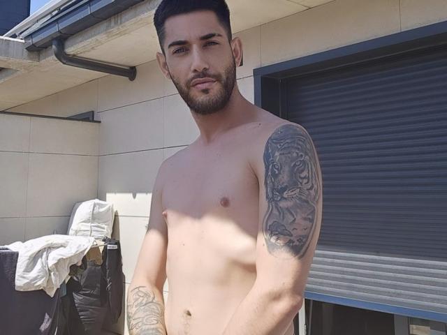 AlessRicalle, shirtless, with a tattooed right arm, dark hair, and a beard, standing outside, showing a slight smile, and having a toned, muscular, and attractive body.