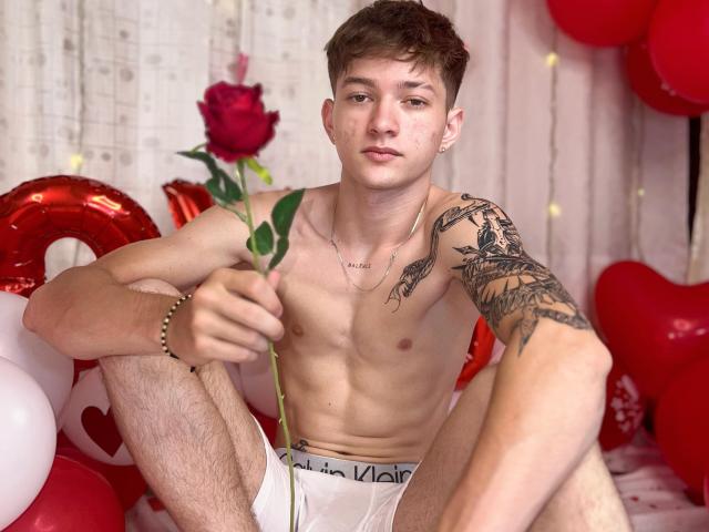 JakeDavins, shirtless, holding a rose, white underwear, tattooed arm, sitting among red and white heart balloons, holding rose stem in right hand, short brown hair, light skin.
