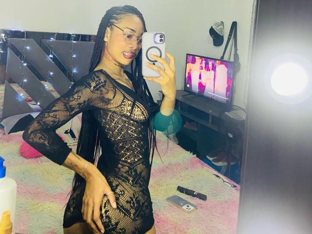 ElaHott with long braids, wearing a black lace dress, showing her ass, holding a phone, standing in a bedroom, TV in background, mirror selfie, bright light.