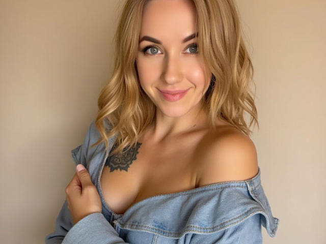 Misstyk with blonde wavy hair, green eyes, and a tattoo on her right chest, wearing a blue off-shoulder shirt, smiling at the camera, showing her tits.