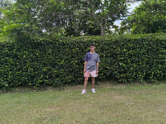 OliverHot69 stands with a medium build, wearing a gray tee, pink shorts, and white sneakers, against a tall green hedge, grassy lawn, and leafy trees in the background.