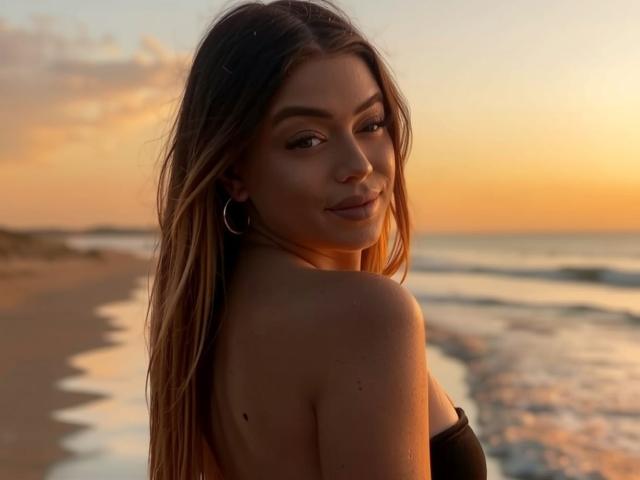 BritnyDesire with long brown hair, hoop earrings, smiling at sunset, looking over her shoulder, showing her bare shoulder and upper back, standing by the ocean.