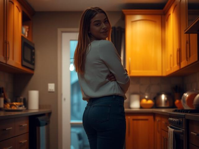 BritnyDesire standing in a kitchen, back to camera, arms crossed, white long-sleeve top, blue jeans, smiling, looking over shoulder, brown wooden cabinets, gray tile backsplash, dim lighting.