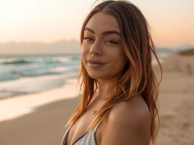 BritnyDesire a les cheveux bruns clairs et ondulés, et elle a un sourire détendu. Elle porte un débardeur gris qui révèle ses petites seins et un collier délicat et discret. Elle se tient près de la plage..