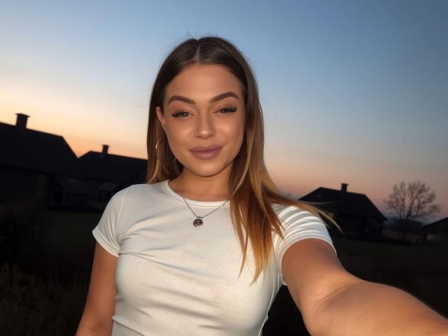BritnyDesire with light brown hair, white tee, small tits, subtle makeup, hoop earrings, necklace, holding out arm for selfie, dusk sky, suburban houses in background.