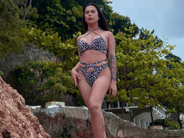 ScarlettePhantom with leopard-print bikini, showing her tits and ass, tattoo on arm, standing on rocky terrain, green trees in background, cloudy sky overhead, looking confident.