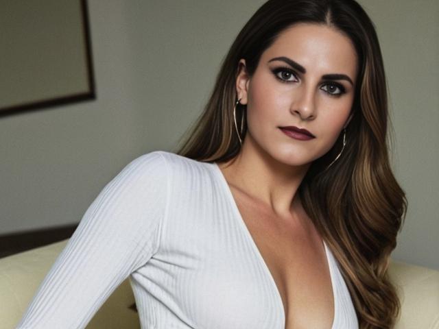DagieSensual with long brown hair, wearing a white ribbed top, showing her tits, has hoop earrings, and dark lipstick, looking directly at the camera with a serious expression.