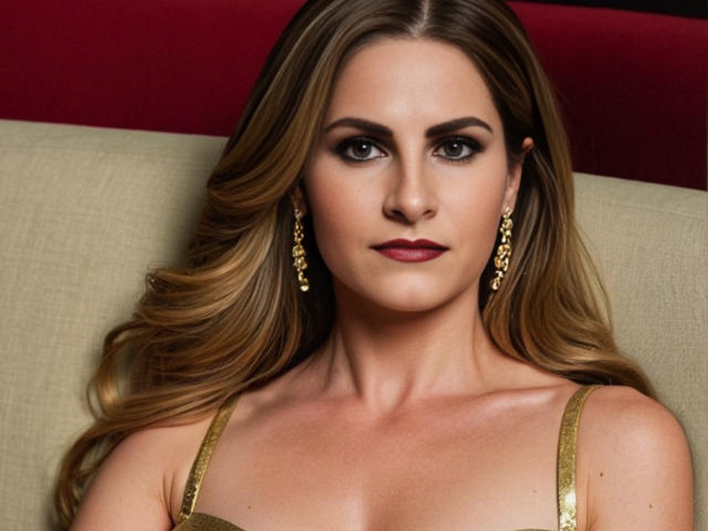 DagieSensual has long, wavy blonde hair, dark red lipstick, and gold earrings. She's wearing a gold dress with thin straps, looking directly at the camera.