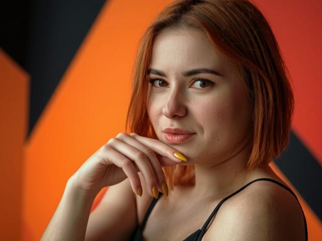 LaylaXDream avec des cheveux orange, des ongles jaunes, un haut noir, un léger sourire, la main près du menton, une lumière douce sur son visage, regardant la caméra. Ses seins sont partiellement visibles..