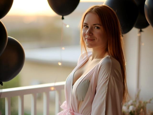 LaylaXDream, avec des cheveux roux, portant une robe rose transparente, montrant ses grandes seins dans un soutien-gorge blanc, debout parmi des ballons noirs, souriant à la caméra..