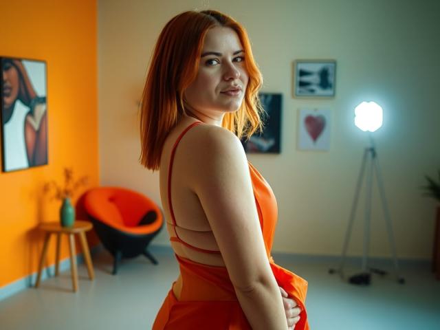 LaylaXDream, avec des cheveux roux, une robe orange, montrant son dos et une partie de sa poitrine, regardant par-dessus son épaule, dans une pièce avec une lumière vive et un fauteuil orange..
