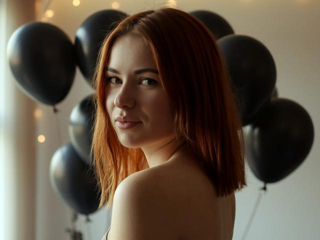 LaylaXDream with red hair, looking over her shoulder, has a subtle smile and is bare-shouldered, with black balloons in the blurry background. Soft light highlights her face.
