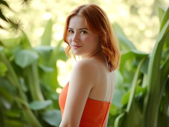 LaylaXDream, con cabello rojo, vestida con un top naranja sin tirantes, sonriendo a la cámara, mostrando su espalda y trasero. Está de pie en un follaje verde exuberante..