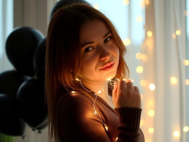 LaylaXDream con cabello castaño, vistiendo un suéter marrón, sosteniendo luces de hadas cerca de su rostro, sonriendo, globos negros en el fondo, luz suave, efecto bokeh, linda, sexy..