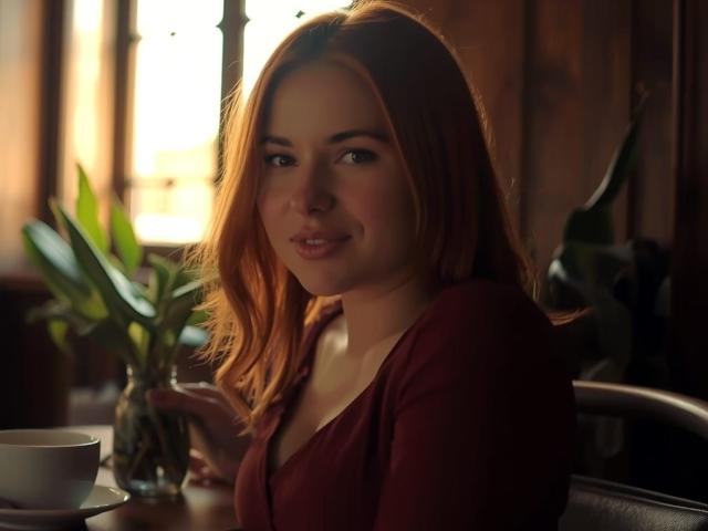 LaylaXDream met rood haar, gekleed in een donkerrode top, zittend in een kamer met weinig licht, met een plant in haar handen, met een zachte glimlach, haar borsten zijn licht zichtbaar, met zonlicht op de achtergrond..