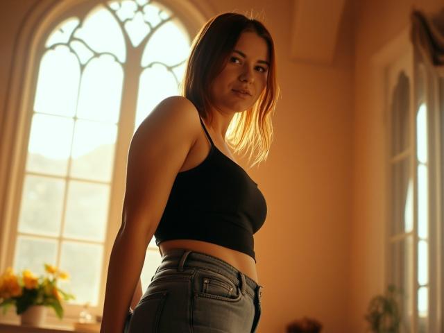 LaylaXDream, con i capelli castano di lunghezza media, indossa un top corto nero che mette in mostra il suo seno piccolo, e jeans blu, è in piedi in una stanza illuminata dal sole, e guarda oltre la spalla..