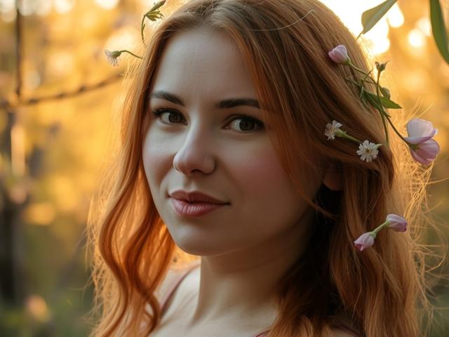 LaylaXDream has reddish-orange hair, soft brown eyes, pink lips, and a gentle smile with small pink flowers in her hair, glowing in warm, golden sunlight.