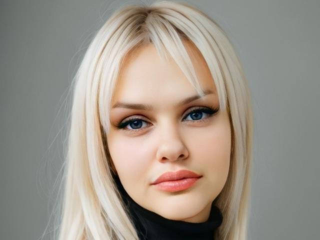 MelissaCats tem cabelo loiro, olhos azuis e lábios rosados com delineador preto. Ela está vestindo uma gola alta preta, e seu rosto está centralizado com uma expressão suave e neutra..