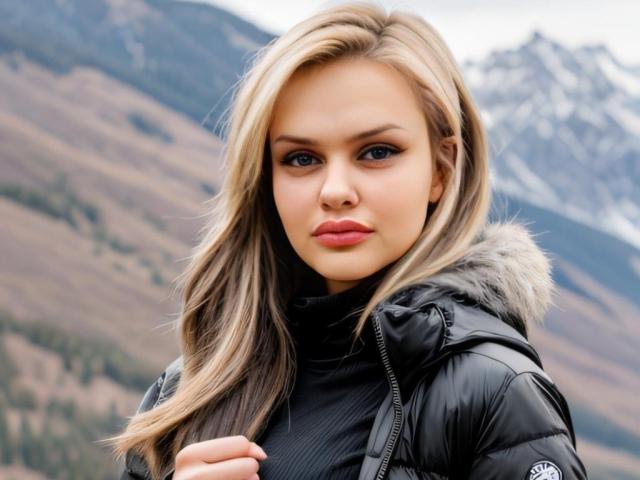 Melissa, con i capelli biondi, gli occhi azzurri e le labbra rosa, indossa un giubbotto nero imbottito e ha una mano vicino al viso, mostrando in modo discreto il seno. Sullo sfondo, montagne innevate..