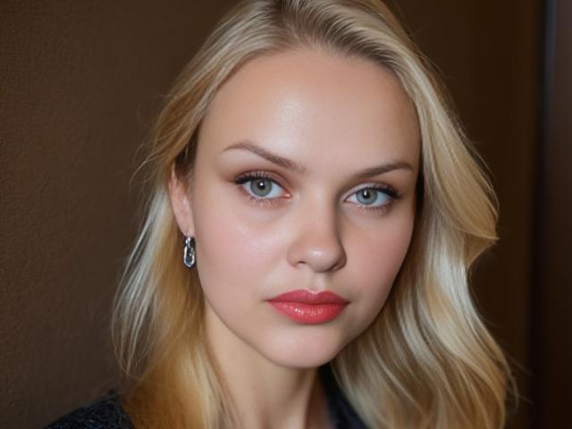 MelissaCats heeft blond haar, blauwe ogen en rode lippenstift. Ze draagt zwarte oorbellen en kijkt recht in de camera met een lichte glimlach. Haar borsten zijn niet zichtbaar..