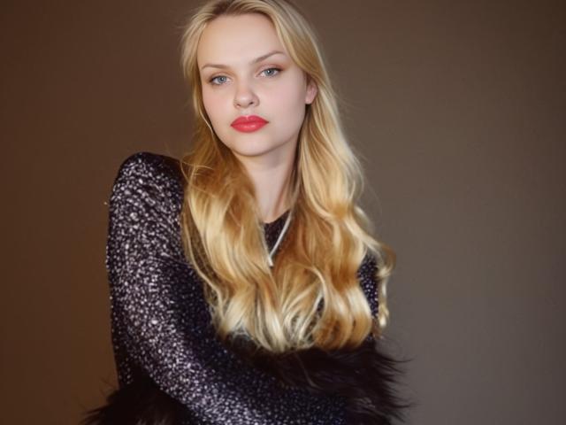 Melissa, una donna con i capelli biondi, indossa una top nera scintillante, ha le labbra rosse e un'espressione seria, mostrando leggermente il seno sotto la maglia..
