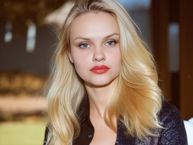 MelissaCats heeft blond haar, blauwe ogen en rode lippen, en draagt een donkerpaarse trui. Haar borsten zijn klein en haar achterkant is niet zichtbaar. Ze kijkt recht in de camera..