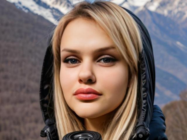 MelissaCats ha i capelli biondi, gli occhi azzurri e le labbra rosa. Indossa un cappuccio nero e il suo viso è al centro dell'inquadratura. Il suo seno è parzialmente visibile..