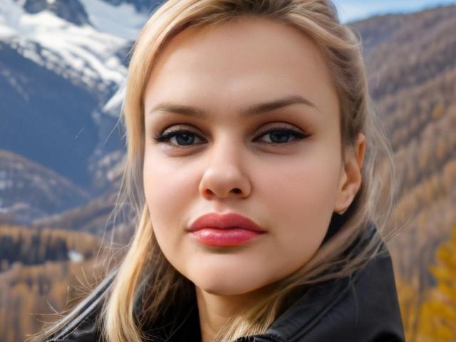 MelissaCats heeft blond haar, blauwe ogen en roze lippenstift. Ze draagt een zwarte jas met een berg- en bosachtergrond. Haar borsten zijn niet zichtbaar..