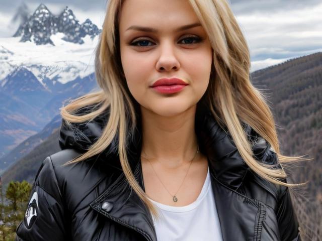 Melissa, une femme aux cheveux blonds, portant une veste en cuir noir, une chemise blanche, du rouge à lèvres rouge et un collier, regardant l'appareil photo, avec en arrière-plan une montagne et un ciel nuageux..