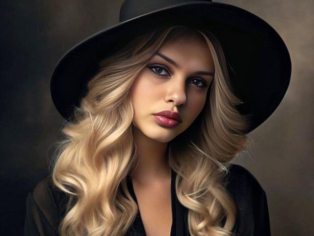 MelissaCats ha i capelli biondi e ondulati, occhi scuri e indossa un cappello nero con una parte superiore nera. Ha labbra piene e rosse e uno sguardo seducente e sicuro di sé..