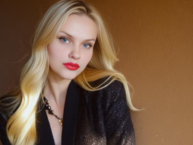 MelissaCats ha i capelli biondi, gli occhi azzurri, il rossetto rosso e indossa una maglia nera scintillante con una collana di perline. Sembra seria..