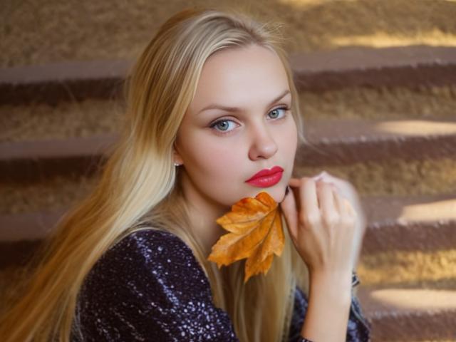 Melissa: Eine Frau mit langem, blondem Haar, blauen Augen und rotem Lippenstift, die ein orangefarbenes Herbstblatt in der Nähe ihres Mundes hält, trägt ein glitzerndes, dunkelviolettes Oberteil und wirkt verführerisch..