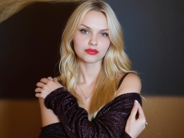 MelissaCats hat blondes Haar, blaue Augen und rote Lippen. Sie trägt ein glitzerndes, violettes Oberteil mit einem Schulterfrei-Schnitt und hat die Arme verschränkt, mit einem neutralen Ausdruck. Ihre Brüste sind dezent..