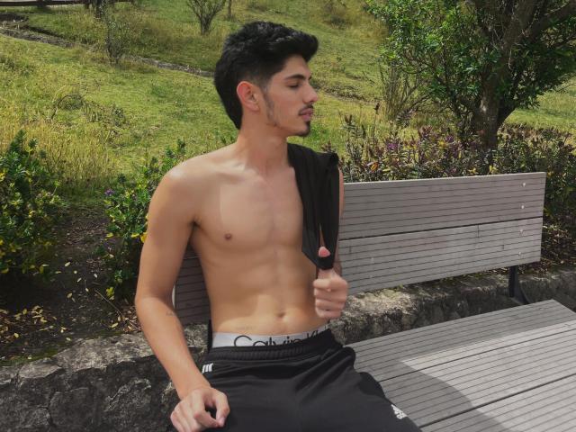 FabrizzioHot, shirtless, with a toned, muscular chest, holding a black sleeve, wearing black Calvin Klein pants, sitting on a wooden bench, in a green park, looking to the side.
