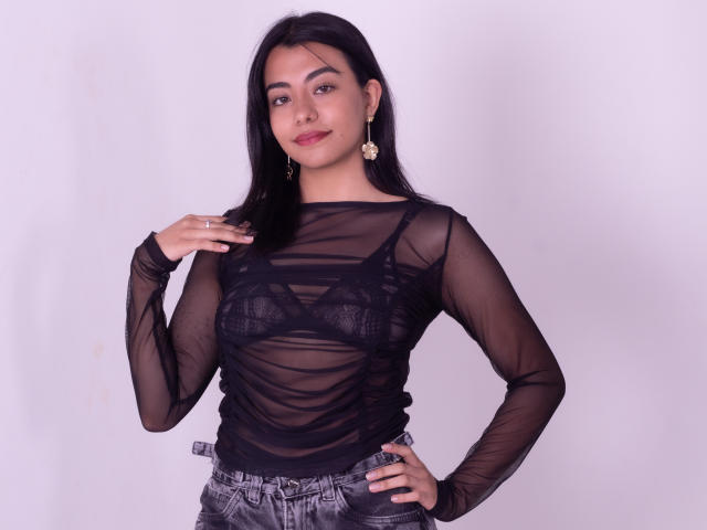 VeronicaJhones with black sheer top showing her tits, black bra underneath, long black hair, earrings, hand on hip, standing, looking at camera, wearing silver pants.